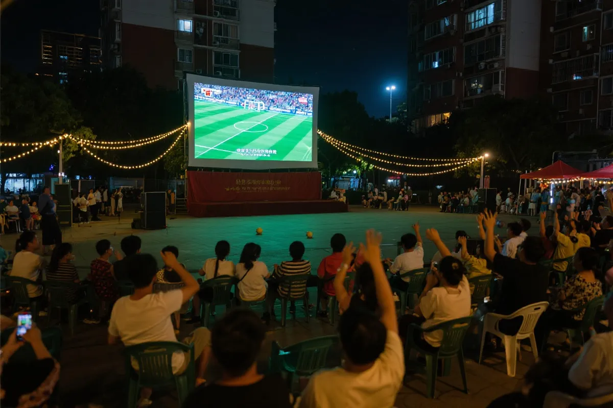 社区露天大屏观赛，邻里一起欢呼的夜晚氛围